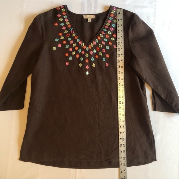 Choices Brown Linen Embellished 3/4 Sleeve Tunic Size S - Picture 7 of 9
